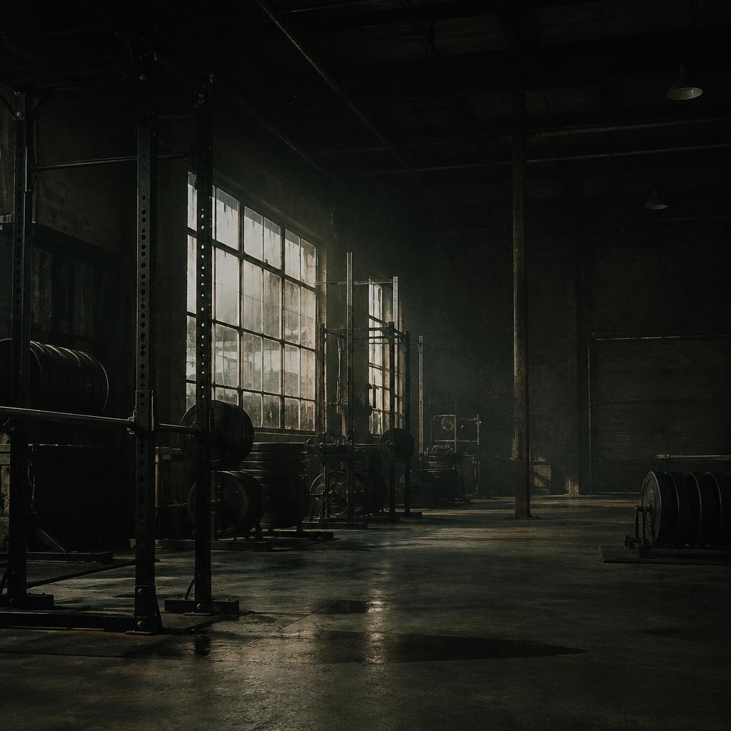 Empty warehouse gym at dawn